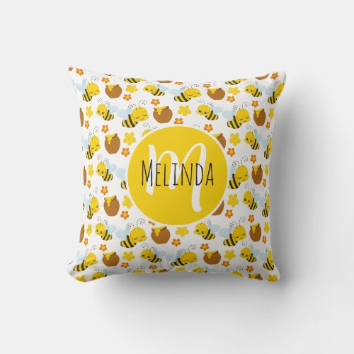 Bumble Bee and Flowers Pattern Monogram Throw Pillow
