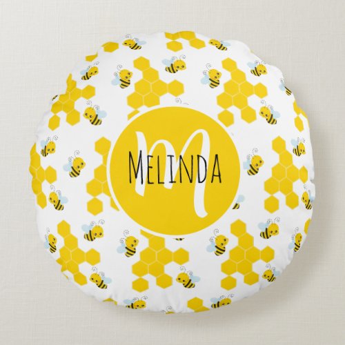 Bumble Bee and Honeycomb Pattern Monogram Round Pillow