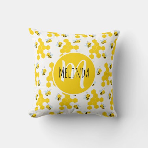 Bumble Bee and Honeycomb Pattern Monogram Throw Pillow