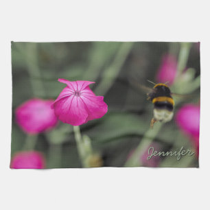 Bumble Bee And Pink Flower Photo With Name Kitchen Towel