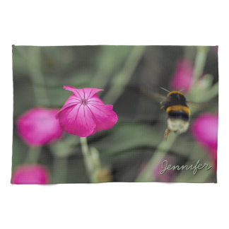 Bumble Bee And Pink Flower Photo With Name Kitchen Towel