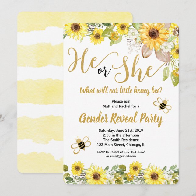 Bumble bee and sunflowers gender reveal invitation (Front/Back)