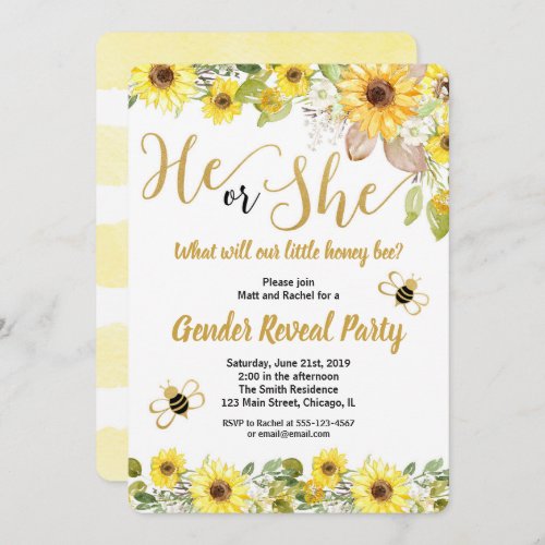 Bumble bee and sunflowers gender reveal invitation
