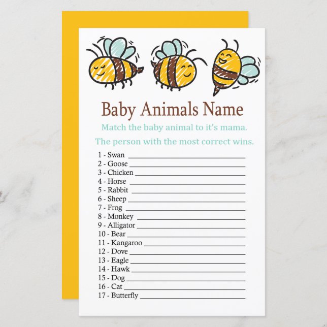 Bumble Bee Baby Animals Name Game (Front/Back)