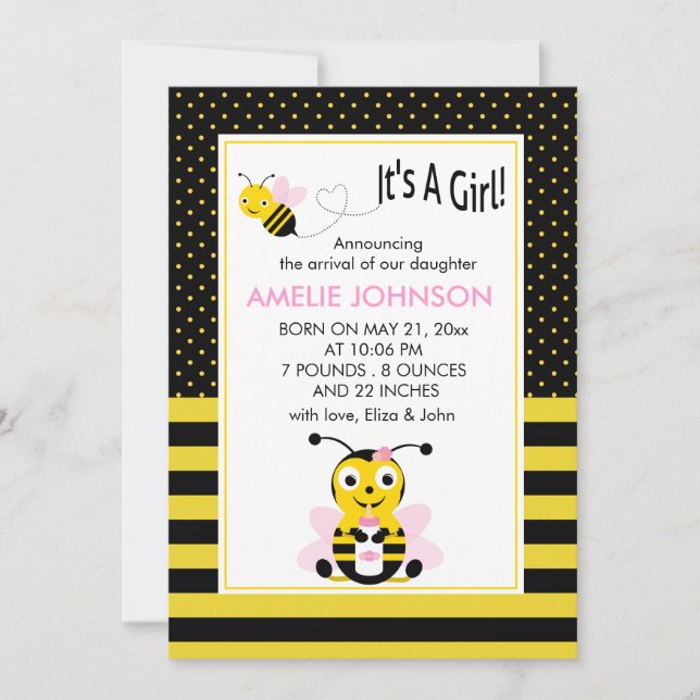 Bumble Bee Baby Girl Birth Annoucement Card (Front)