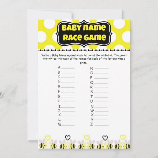 Bumble Bee Baby Name Race - Baby Shower Game (Front)