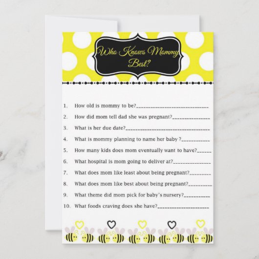 Bumble Bee Baby Shower Game Who Knows Mommy Best (Front)