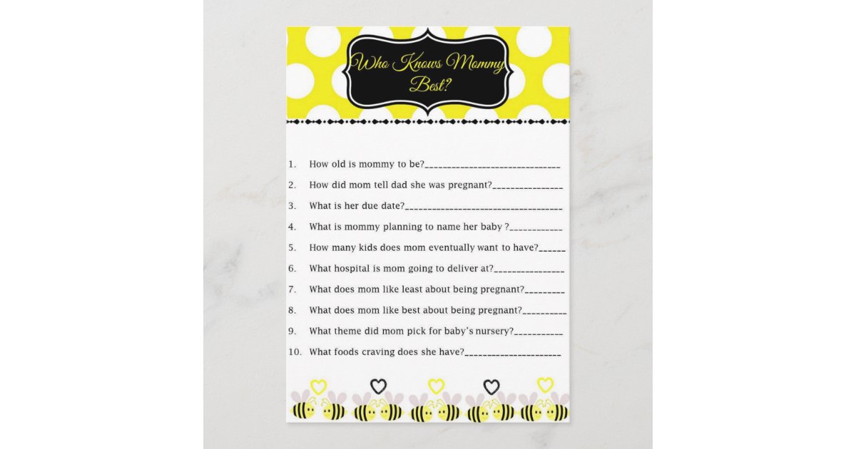 Bumble Bee Baby Shower Game Who Knows Mommy Best Zazzle