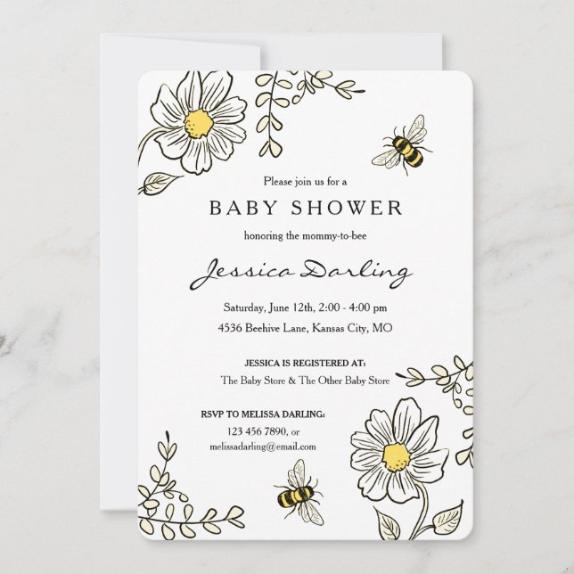 Bumble Bee Baby Shower Invitations | Yellow Floral (Front)