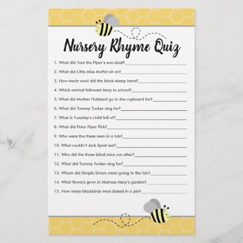 Bumble Bee Baby Shower Nursery Rhyme Quiz