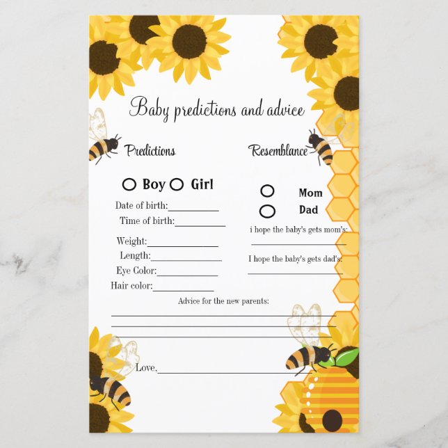 Bumble Bee baby shower  prediction game baby showe (Front)