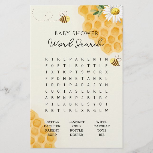 Bumble Bee Baby Shower Word Search Game (Front)