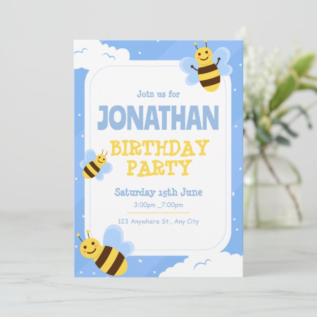 Bumble Bee Birthday Invitation, Bee 1st Birthday Invitation (Standing Front)