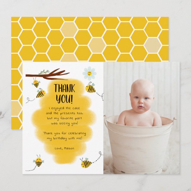 Bumble Bee Birthday Party Photo Thank You Cards (Front/Back)