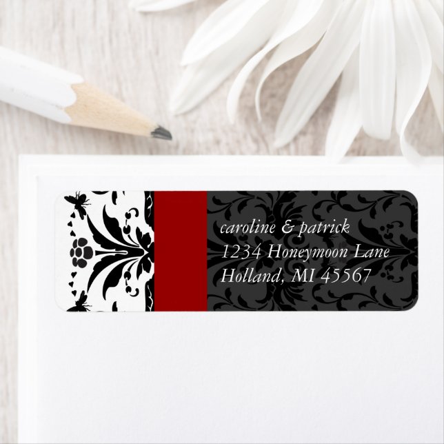 Bumble Bee Black Damask  Address Labels Red Trim (Insitu)