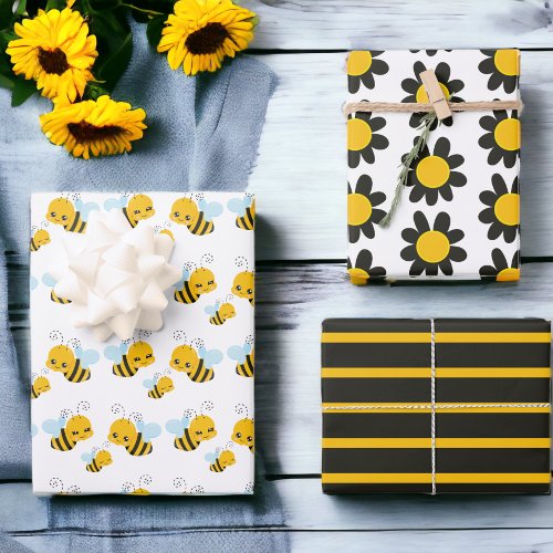 Bumble Bee Black Yellow Flowers Wrapping Paper Sheets