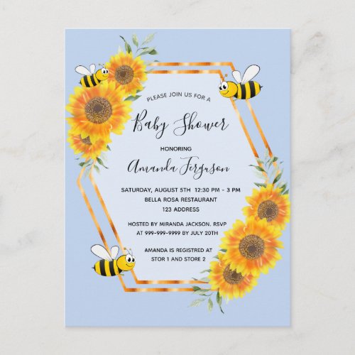 Bumble bee blue sunflowers baby shower boy postcard