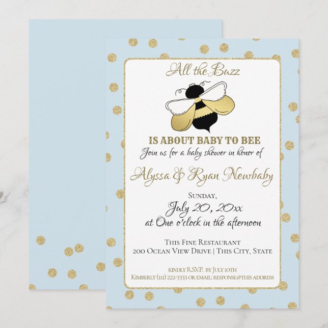 Bumble Bee Buzz Baby Shower Blue Invitation (Front/Back)