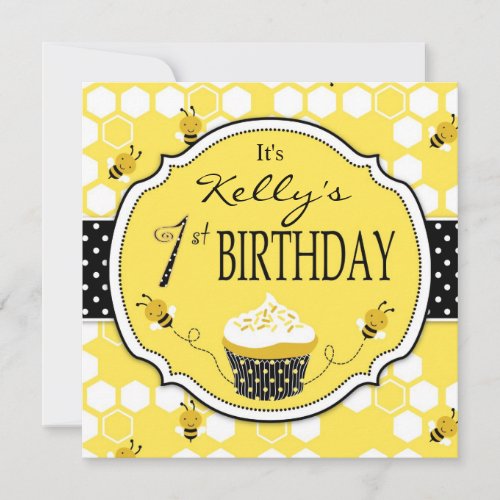 Bumble Bee Cupcake First Birthday Custom Invites