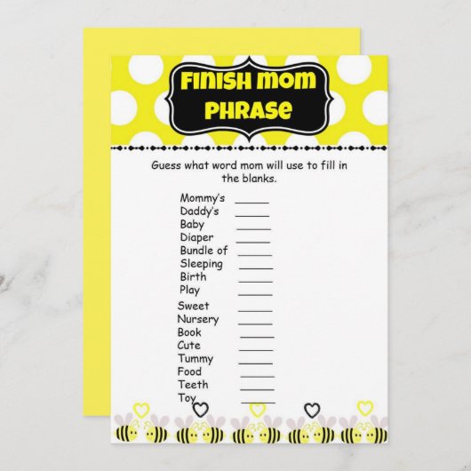 Bumble Bee Finish Mommy's Phrases Baby Shower Game (Front/Back)
