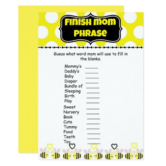 bumble bee finish mommy s phrases baby shower game invitation