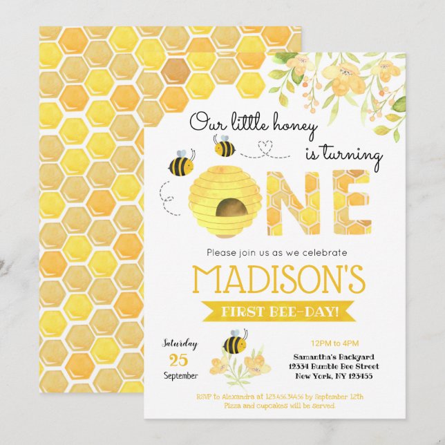 Bumble Bee First 1st Birthday party invitations (Front/Back)