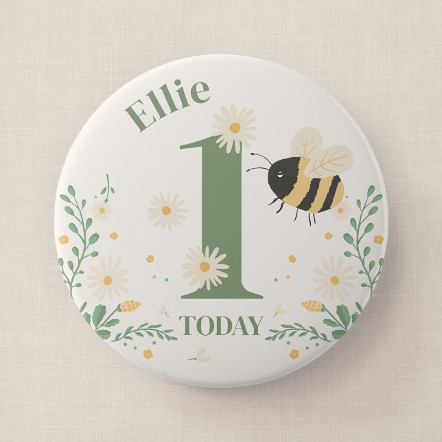 Bumble Bee First Bee-Day Birthday Badge Button (Wildflower Flight - Milestone Birthday 4" Badge)