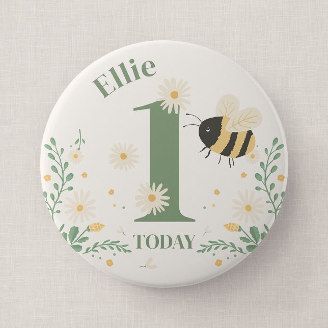 Bumble Bee First Bee-Day Birthday Badge Button (Wildflower Flight - Milestone Honey Bee Birthday 4" Badge)