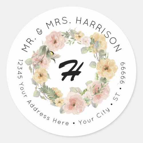 Bumble Bee Floral Blush Yellow Watercolor Address Classic Round Sticker