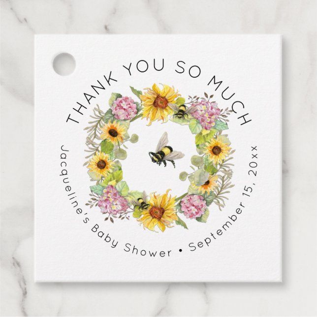 Bumble Bee Floral Sunflower Hydrangea Baby Shower Favor Tags (Front)