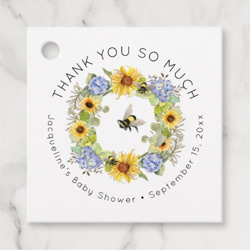 Bumble Bee Floral Sunflower Leaf Blue Baby Shower Favor Tags