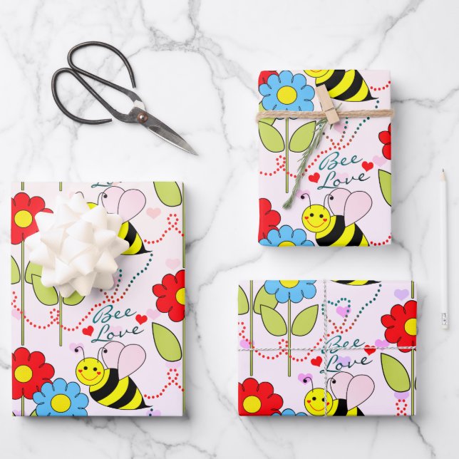 Bumble Bee Flowers Pink Wrapping Paper Sheets (Front)