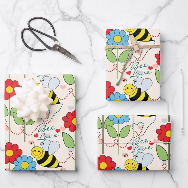 Bumble Bee Flowers Wrapping Paper Sheets (Front)