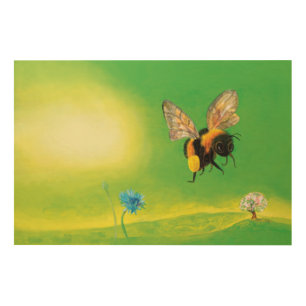 Bumble bee flying illustration wood wall art
