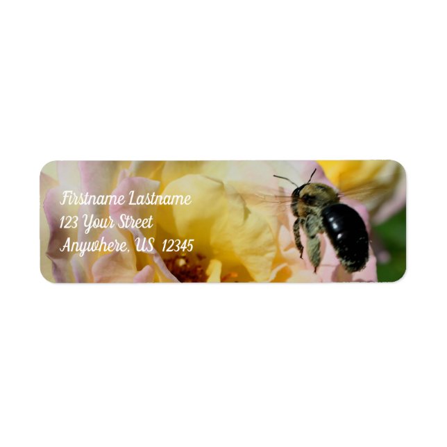 Bumble Bee Flying Into Pink Rose Address Label (Front)