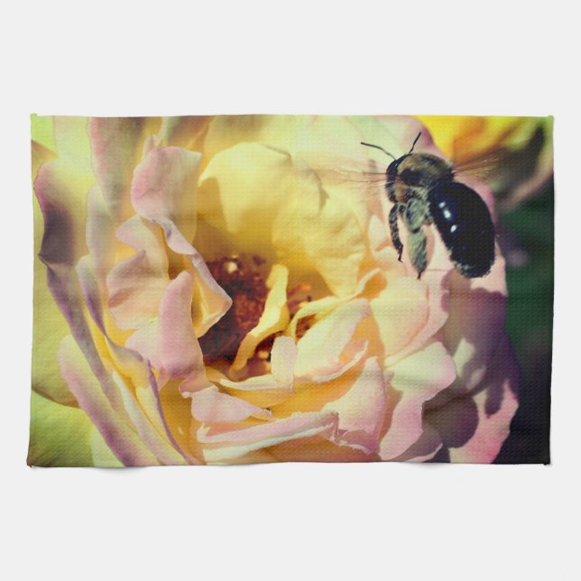 Bumble Bee Flying Into Pink Rose Close Up  Kitchen Towel (Horizontal)