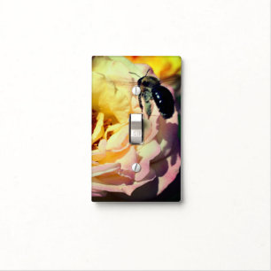 Bumble Bee Flying Into Pink Rose Close Up Light Switch Cover