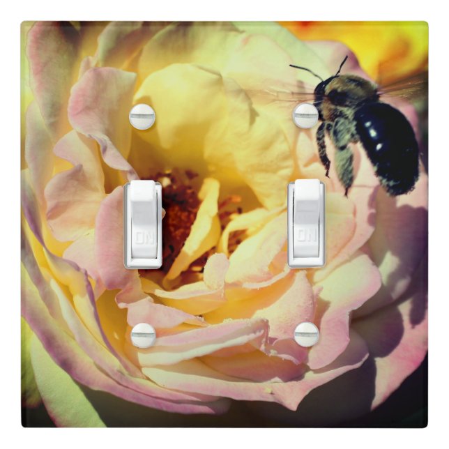 Bumble Bee Flying Into Pink Rose Close Up     Light Switch Cover (In Situ)