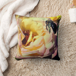 Bumble Bee Flying Into Pink Rose Close Up  Throw Pillow