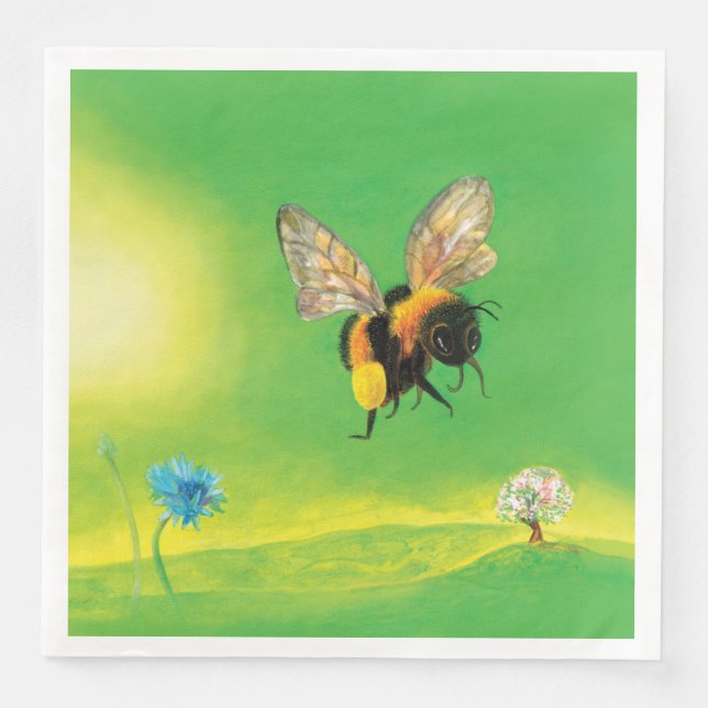 Bumble Bee Flying Over a Flowering Meadow Paper Dinner Napkins (Front)