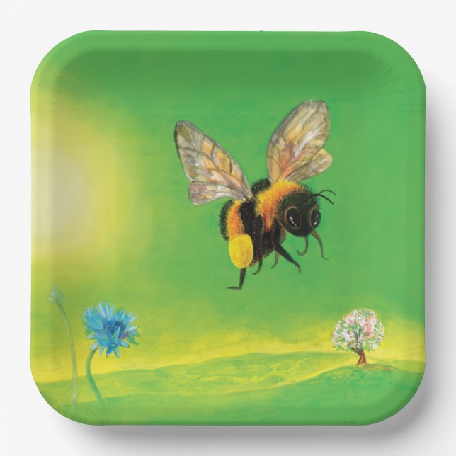 Bumble Bee Flying Over a Flowering Meadow Paper Plates (Front)