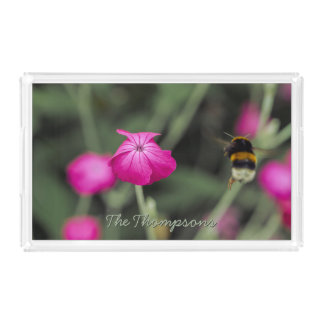 Bumble Bee Flying Toward Pink Flower With Name Acrylic Tray