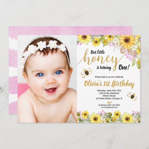 Bumble bee girl 1st birthday pink yellow sunflower invitation