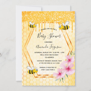 Bumble bee glitter drips pink florals baby shower invitation