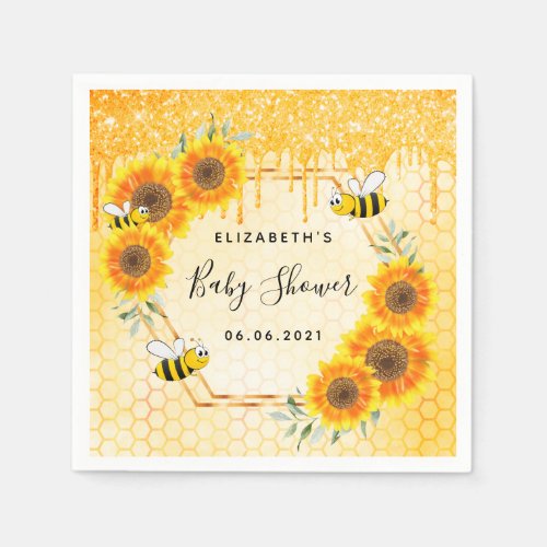 Bumble bee gold glitter sunflowers baby shower napkins