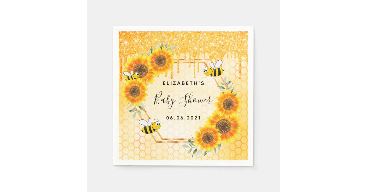Bumble bee gold glitter sunflowers baby shower napkins | Zazzle