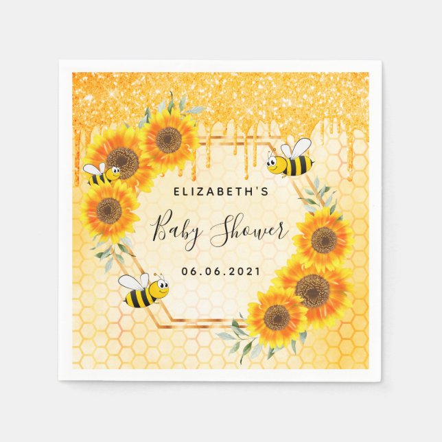 Bumble bee gold glitter sunflowers baby shower napkins (Front)