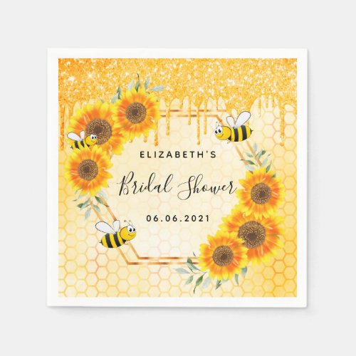 Bumble bee gold glitter sunflowers bridal shower napkins