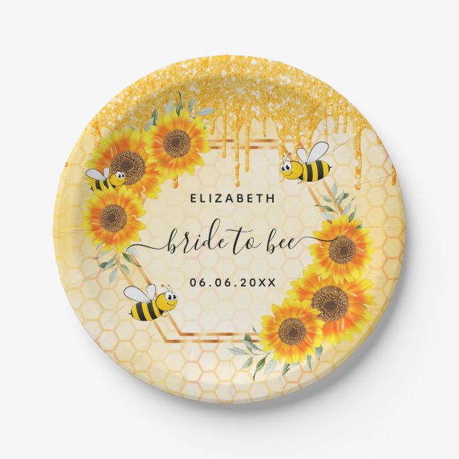 Bumble bee gold glitter sunflowers bridal shower paper plates (Front)