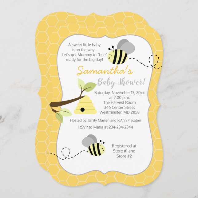Bumble Bee Gray Yellow Gender Neutral Invitation (Front/Back)